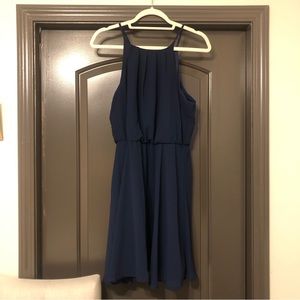 Miami/Francesca’s navy blue chiffon high neck sleeveless pleated flowy dress